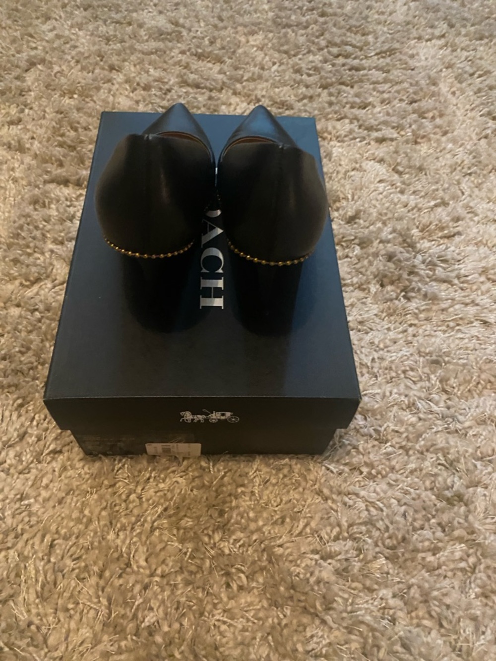 Coach Waverly 85 BChain Black Pointed Toe Leather Heels with Gold Stud Trim - Picture 5 of 10